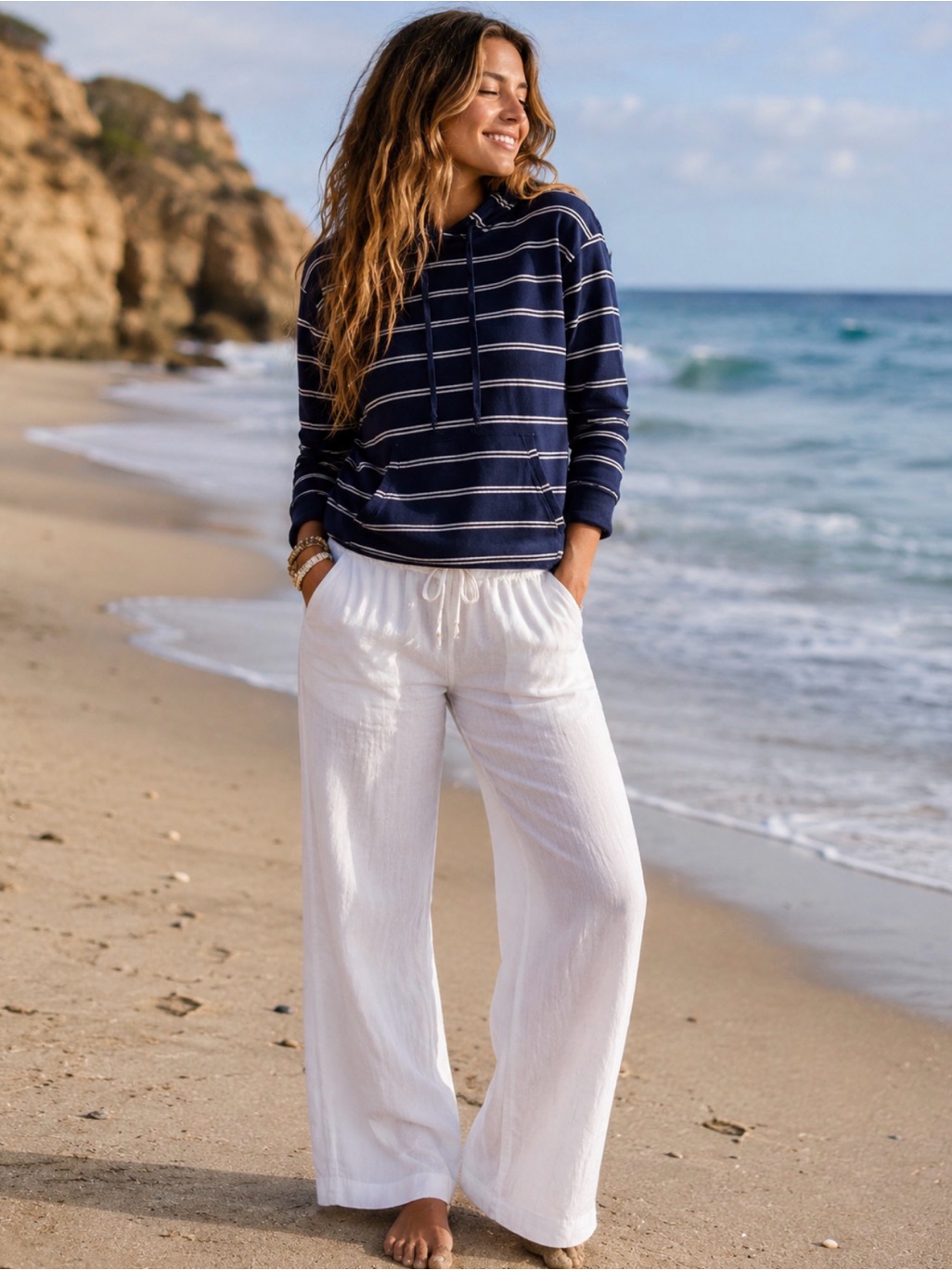 Lucky Brand Navy And White Striped Hoodie